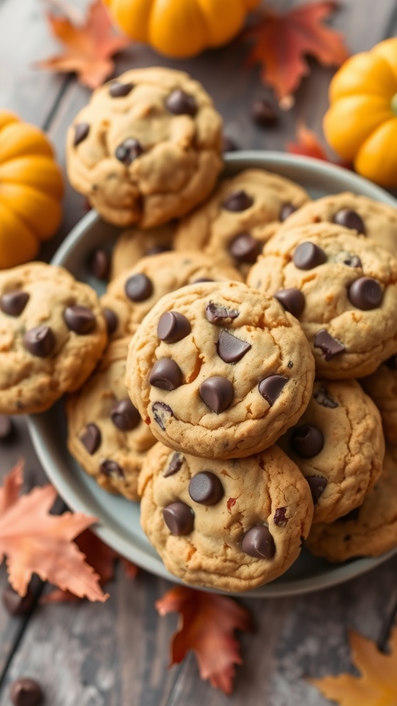 Freshly baked pumpkin chocolate chip cookies on a plate with pumpkins and autumn leaves.